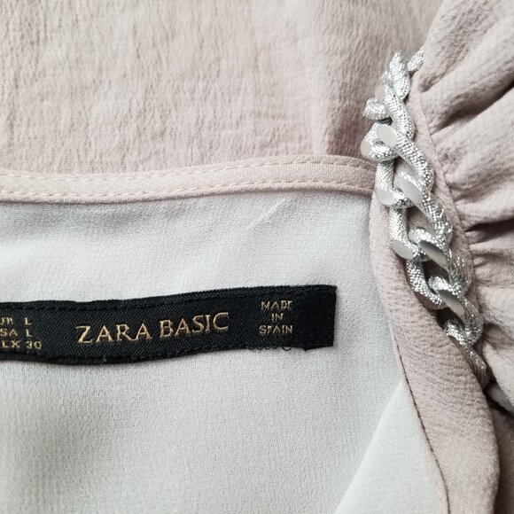 Zara Basic Blush Pink Shift Dress with Flutter Sleeves with Chain Detail Size Lg - Picture 12 of 12